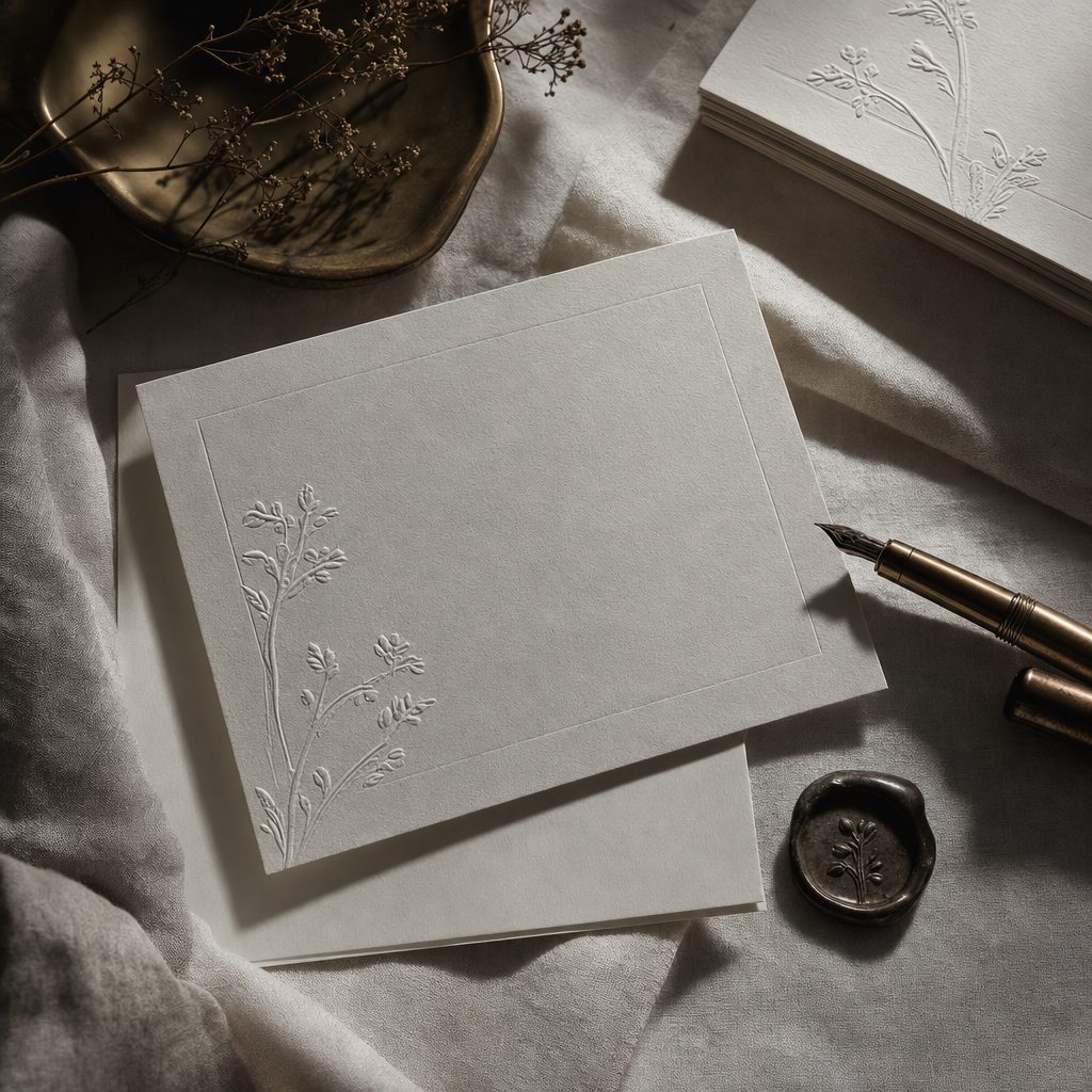 Close-up flat-lay of embossed cards, a wax seal and a bronze pen on porcelain linen