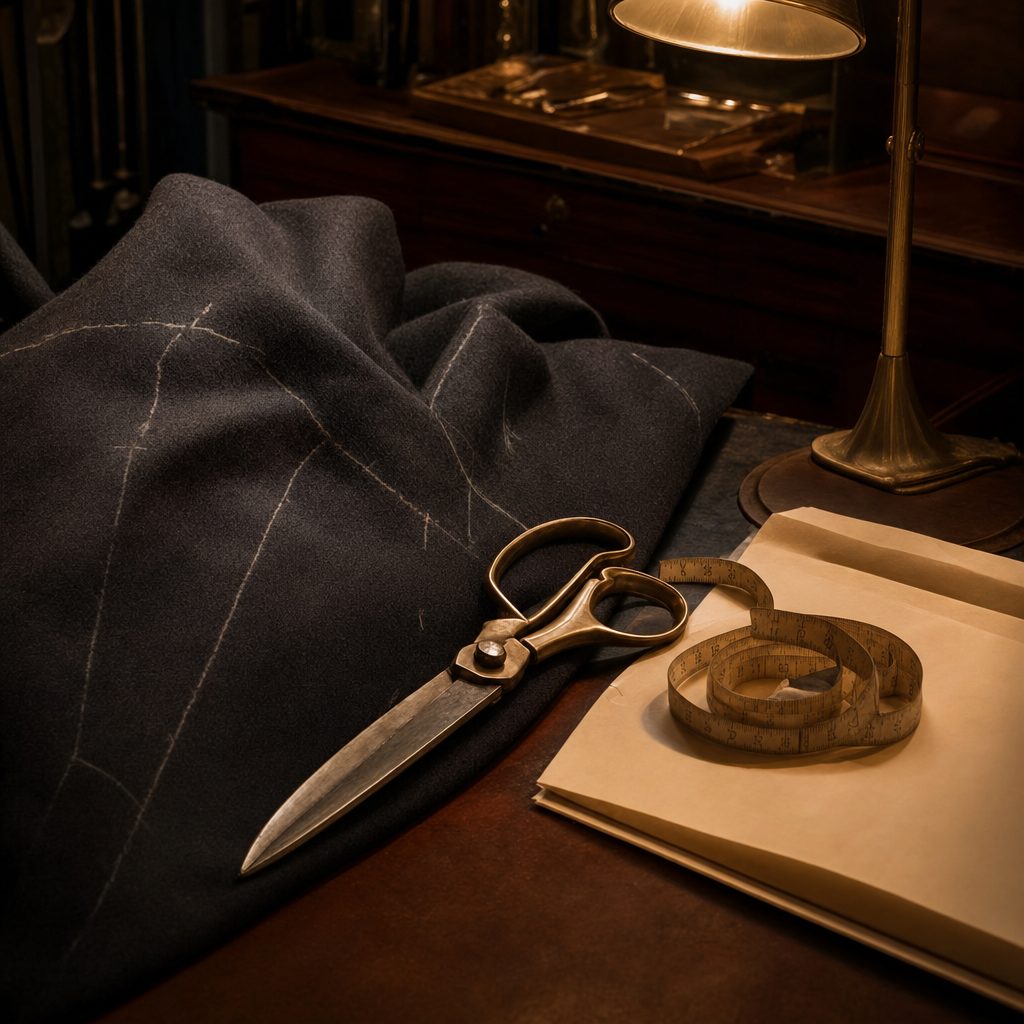 Tailor's atelier still life: dark cloth marked with chalk lines, brass shears and ivory paper under warm lamplight